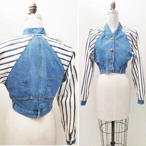 Vintage 80s Tickets California Women's Cropped Denim Striped Sleeves Cotton USA